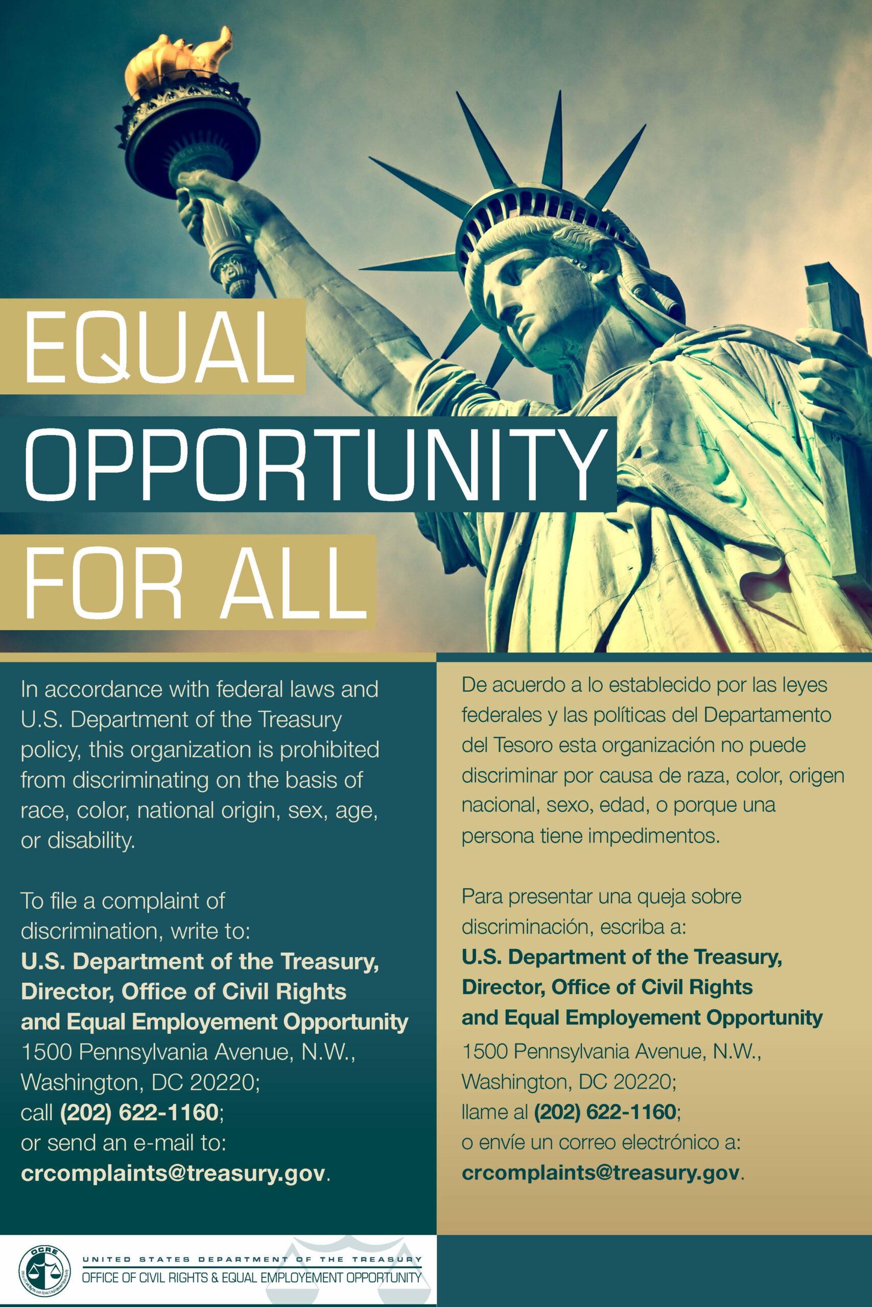 In accordance with Federal Law and U.S. Department of the Treasury policy, this institution is prohibited from discriminating based on race, color, national origin, sex, age, or disability. Submit a complaint of discrimination, by mail to U.S. Department of the Treasury, Office of Civil Rights and Equal Employment Opportunity , 1500 Pennsylvania Ave. N.W., Washington, D.C. 20220, (202) 622-1160 (phone), (202) 622-0367 (fax), or email crcomplaints@treasury.gov (email).